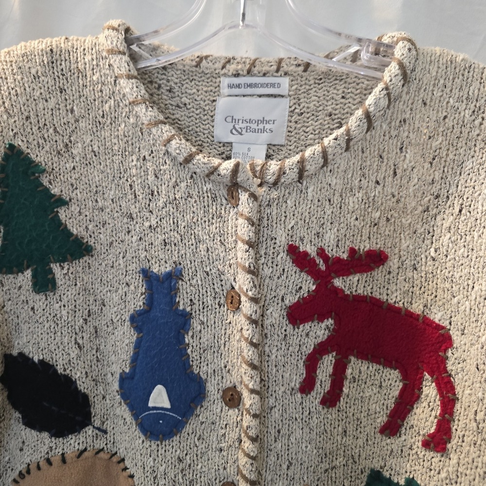 Vtg Christopher &Banks Hand Embroidered Cardigan Moose Bear Fish Woodland S NWT* - Picture 4 of 15